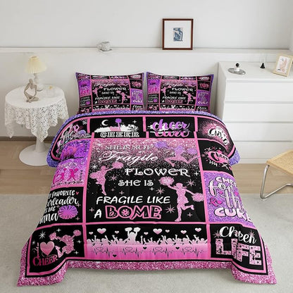 Cheerleading Comforter Set Cheer Gifts,Cheerleader Loves Bedding Set for Kids Girls Teens Adult,Cheer Pink (no real) Sequins Quilt Set Full Geometric Plaid Patchwork Duvet Insert with 2 Pillowcases