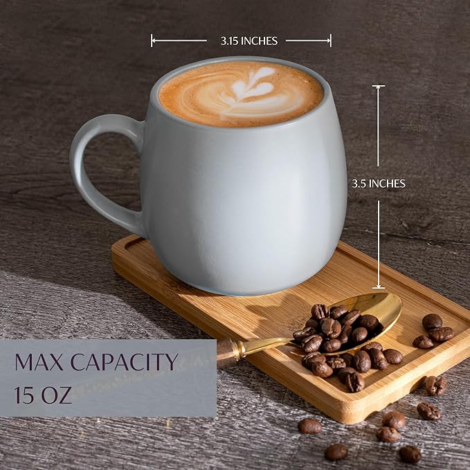 Ceramic Coffee Mugs Set of 6, 14oz - Modern Scandinavian Aesthetic - Microwavable Stoneware Coffee Cups with Comfortable Handle - Tea Mug Set for Latte, Cappuccino, Soup - Pale Blue Mist
