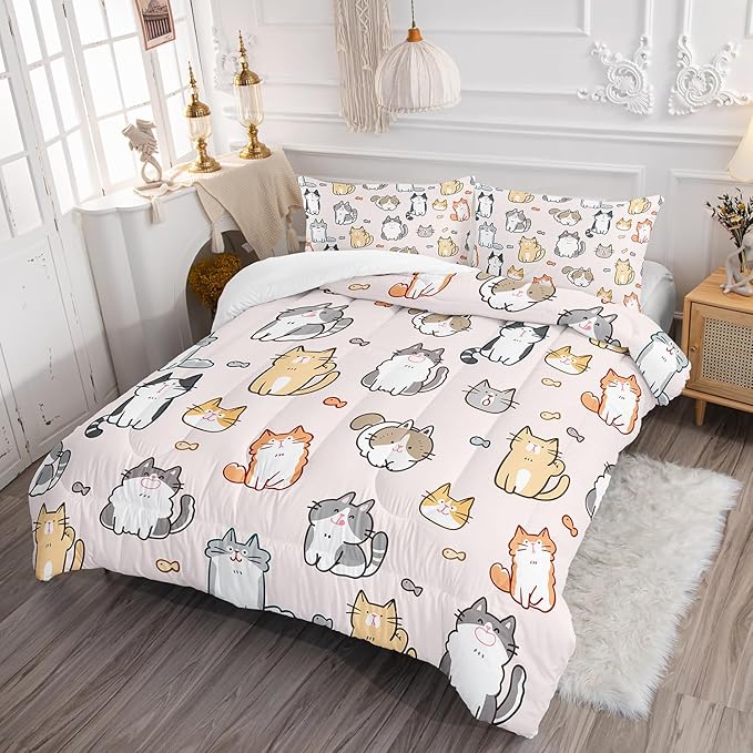 Kids Cute Cat Comforter Set Twin Size 3Pcs Cartoon Pet Cat Fishing Bedding Set Lovely Animal Quilt Bed Set for Children Girls Boys Room Decor