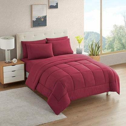 Dorm Room Essentials College Bedding Comforter Set 5 Piece Twin Size Bed in a Bag for College Students Boys and Girls, Twin, Burgundy