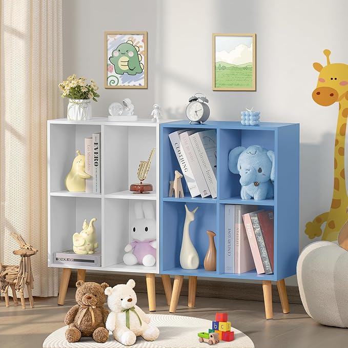 YAHARBO Small 4 Cube White Bookshelf,3 Tier Modern Kids Bookcase with Legs, Wooden Bookshelves Storage Shelf,Book Shelves Organizer,Display Bookcases Cabinet for Room Nursery Study