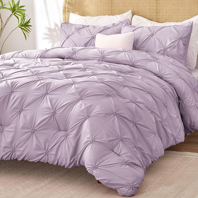 BEDELITE Light Purple Twin Comforter Set for Girls - 2 Peices Boho Pintuck Bedding Comforter Sets, Lightweight Soft & Warm Twin Bedding Sets with 1 Pillowcase for All Season