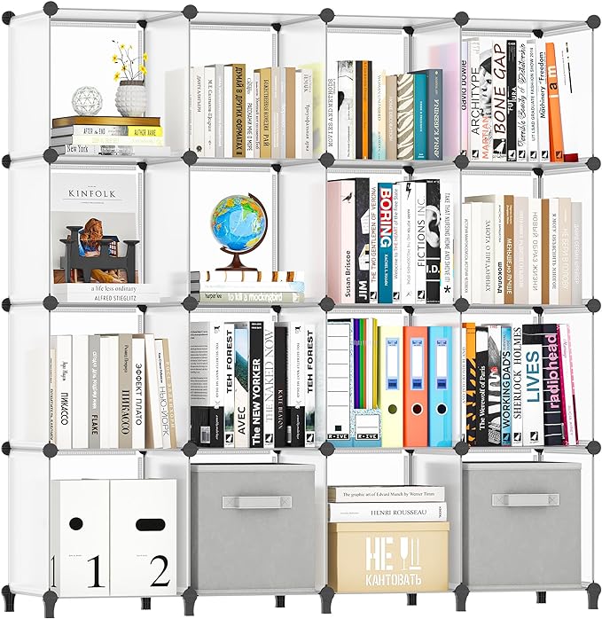 HOMIDEC Book Shelf 16 Cubes Bookcase Bookshelf Cube Storage Organizer Portable Display Bookshelf Kids Bookshelf Book Case for Study Room,Bedroom,Office,Living Room,Closet Transparent