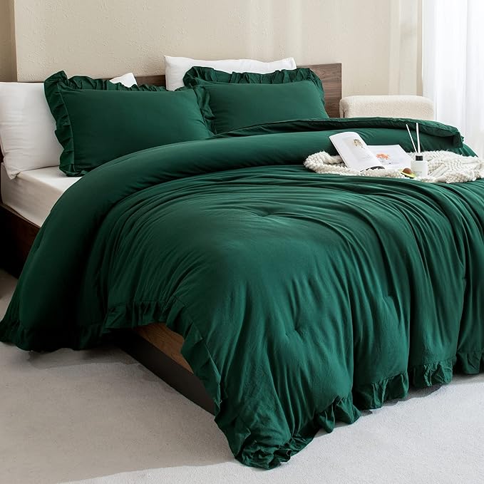 Andency Dark Emerald Green Comforter Set Queen, 3 Pieces Solid Ruffle Farmhouse Bedding Set for Queen Bed, Lightweight Soft Ruffled Bed Comforter Set for All Seasons