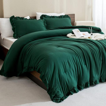 Andency Dark Emerald Green Comforter Set Queen, 3 Pieces Solid Ruffle Farmhouse Bedding Set for Queen Bed, Lightweight Soft Ruffled Bed Comforter Set for All Seasons