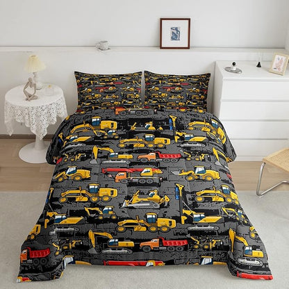 Erosebridal Excavator Comforter Set King,Tractor Construction Bedding Set for Kids Boys Teens Truck Room Decor,Cartoon Vehicle Car Bedding Comforter Construction Site Duvet Set Yellow Dark Grey 3 Pcs