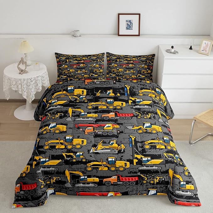 Tractor Comforter set Queen,Construction Bedding Comforter Bedroom Decor For Boys Kids Teens,Cartoon Excavator Truck Down Comforter Vehicle Cars Bed Set For All Season Yellow Dark Grey 2 Pillowcases