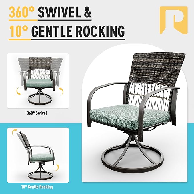 Pamapic 7 Piece Patio Dining Set for 6,Wicker Outdoor Furniture Set for Backyard Garden Deck Poolside with Iron Slats Table Top,4 Dining Chairs and 2 Swivel Rockers,Removable Cushions(Green)