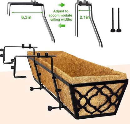 Y&M 30 inch Window Planter Box 2Pcs Iron Window Deck Railing Planter with Coco Liner, Metal Horse Troughs Fence Planter for Outdoor Balcony Rail Fence Porch Patio