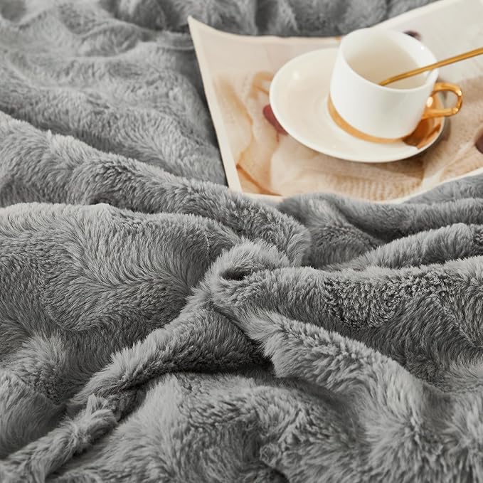 Andency Gray Fleece Comforter Set Full, 3 Pieces Fluffy Fuzzy Faux Fur Bedding Comforter Set, Plush Shaggy Warm Sherpa Bed Comforter Sets for Winter