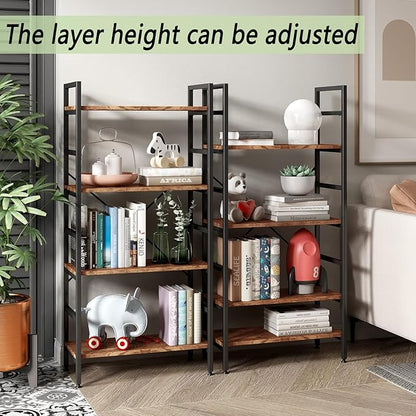 4 Tier Industrial Book Shelf,Modern Small Book Case for Books, Garage Kit, CDs, Movies, Standing BookShelves Display Rack for Bedroom/Living Room/Home Office - Rustic Brown Wood Bookcase
