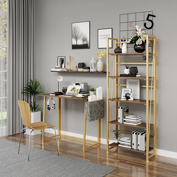 No-Assembly Folding Gold Bookshelf Storage Shelves 5 Tiers Vintage Multifunctional Plant Flower Stand Storage Rack Shelves Bookcase for Home Office