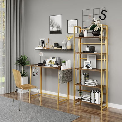 No-Assembly Folding Gold Bookshelf Storage Shelves 5 Tiers Vintage Multifunctional Plant Flower Stand Storage Rack Shelves Bookcase for Home Office