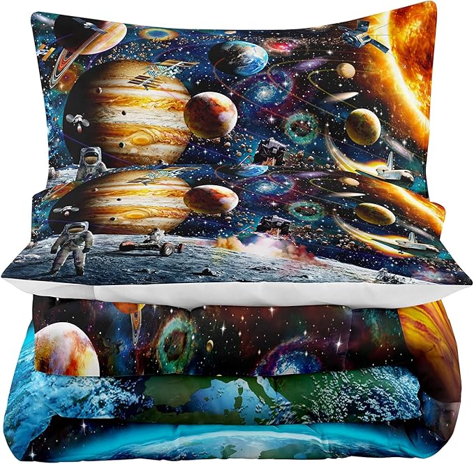 Tailor Shop Universe Galaxy Comforter Set for Girls Boys Kids Galaxy The Planet The Earth Astronaut Stars Outer Space Bedding Set King Size with 1 Comforter 2 Pillowcases