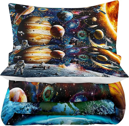 Tailor Shop Universe Galaxy Comforter Set for Girls Boys Kids Galaxy The Planet The Earth Astronaut Stars Outer Space Bedding Set King Size with 1 Comforter 2 Pillowcases