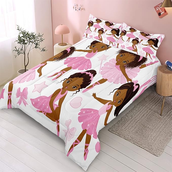 Full Bedding Sets for Girls, African American Magic Comforter Set with Ballet Dancer, Pink Bed Set for Kids Teens, Little Girls Bedroom Decor