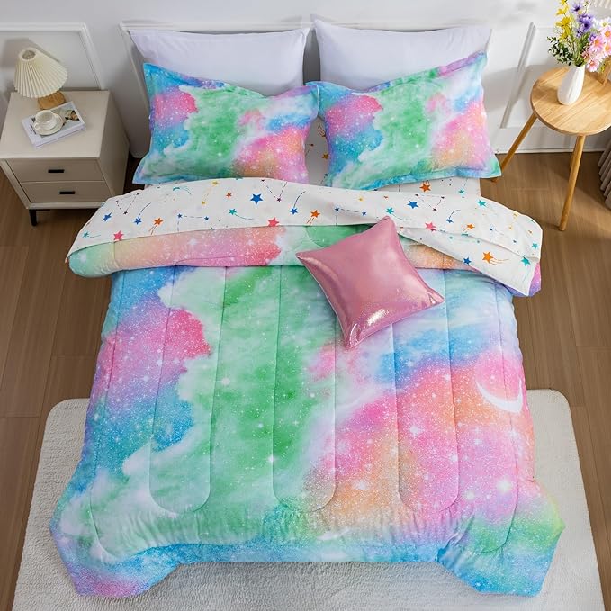 A Nice Night Galaxy 6pcs Kids Bed in a Bag Outer Space Comforter 3D Printed Space Quilt Set Glitter Pink Green Color,for Children Boy Girl Teen Kids,Twin
