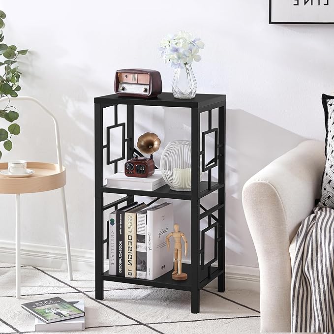 Small Bookshelf, 3 Tier Vintage Industrial Small Bookshelf for Small Spaces, Freestanding Open Shelf Bookcase, Versatile Bookshelf for Home Office, Bedroom & Living Room, Black