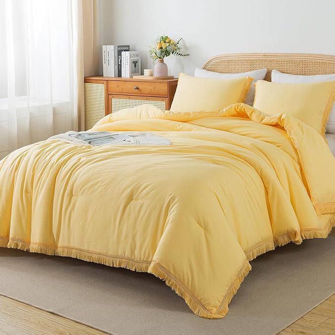 Andency Yellow Tassel Comforter Set Twin(68x90Inch), 2 Pieces(1 boho Comforter, 1 Pillowcase) Farmhouse Shabby Chic Comforter Set, Soft Microfiber Lightweight Fringe Bedding Comforter Set