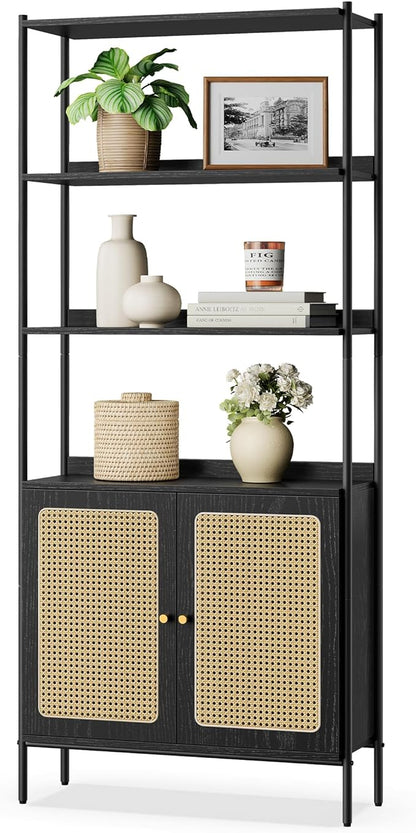 VASAGLE 6-Tier Bookcase, Bookshelf with Rattan-Like Door, Boho Style, Freestanding 30.1-Inch Wide Storage Shelf, Metal Frame, Adjustable Shelf, for Living Room, Ebony Black and Matte Black ULLS124B56