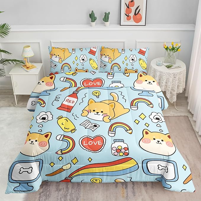 Datura home Kids Comforter Set Kawaii Dogs Bedding Set Cute Shiba Inu Corgi Printed Pattern Home Decor with 1 Comforter and 2 Pillowcases for Boys and Girls All Season(Blue Shiba Inu Full) 80x90''