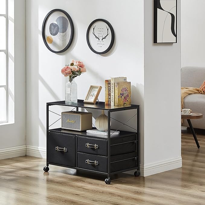 VECELO 3 Mobile File Cabinet Rolling Printer Stand with Open Shelf, Fabric Lateral Storage Station for Home Office,Drawer Adapts Letter Size Hanging Folders, Black