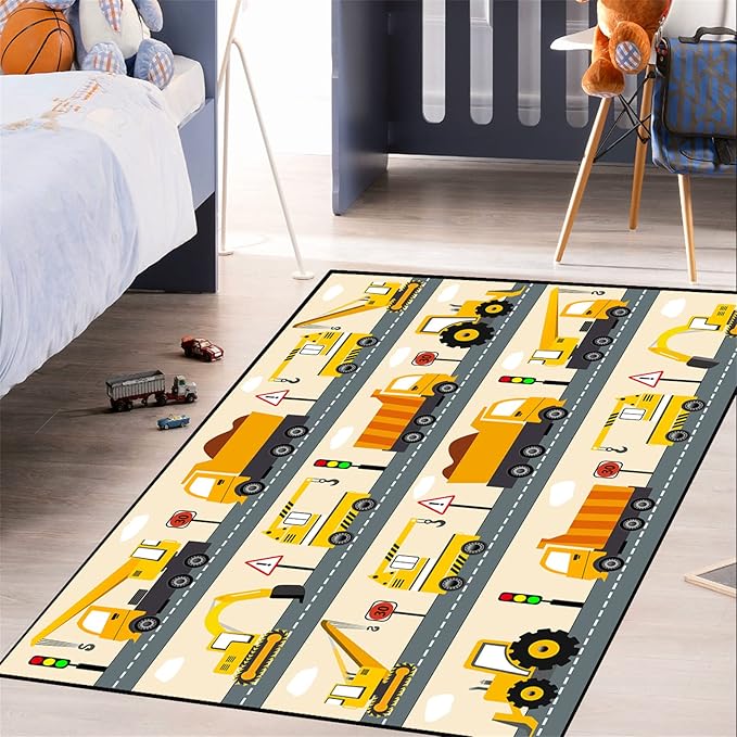 Construction Rug Car Rug Construction Rugs for Boys Room Cartoon Truck Area Rug Construction Play Mat Car Rug for Boys Room Construction Decor for Boys Room 5'×7'
