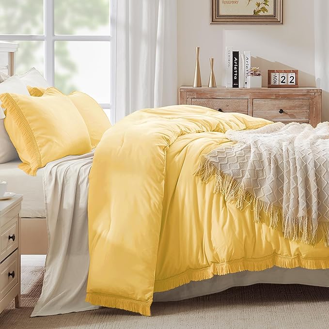 Andency Yellow Tassel Comforter Set Twin(68x90Inch), 2 Pieces(1 boho Comforter, 1 Pillowcase) Farmhouse Shabby Chic Comforter Set, Soft Microfiber Lightweight Fringe Bedding Comforter Set