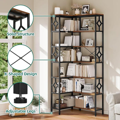 YITAHOME 7 Tier Corner Bookshelf Reversible Bookcase, Tall Bookshelf Display Rack Shelf with Metal Frame for Living Room, Bedroom, Home Office, Rustic Brown