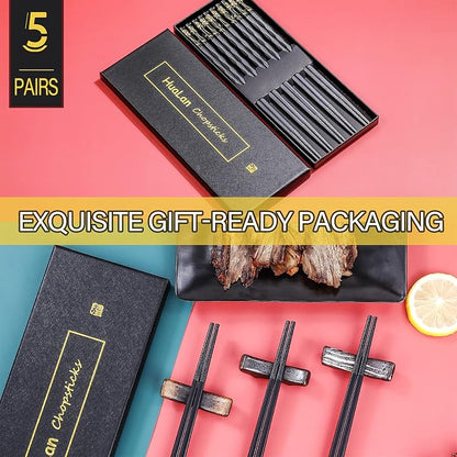 Fiberglass Chopsticks Series - Japanese Non-Slip Chopstick, Reusable Chop Sticks Dishwasher Safe, 5 Pairs, Gift Set, 9.9 Inches, Black