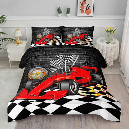 Axolotl Race Car Comforter Set Queen Size,Extreme Sports Bedding Set for Boys Teens Kids Girls Room Decor,Cool Speed Car Quilt Bed Set with 1 Comforter 2 Pillowcases Car Racing Gifts,Black Red
