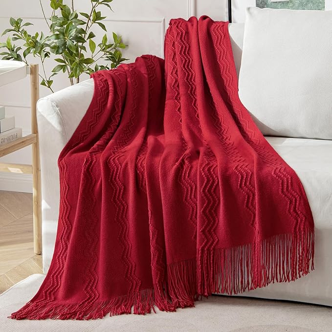 MIULEE Burgundy Red Knitted Throw Blanket for Couch Boho Textured Cozy Woven Blanket with Tassels for Sofa Chair Bed Living Room Acrylic Wave Pattern 60"x80"
