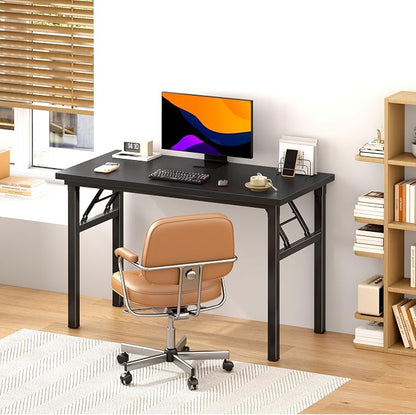 DlandHome 39.4 Inch Small Folding Computer Desk for Home Office, Black | Foldable Writing Table for Small Spaces Bedroom, No Assembly Required, Wood Top Metal Frame, Collapsible Compact Easy Storage