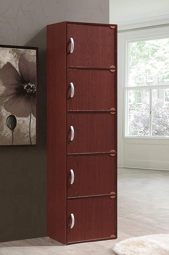 HODEDAH 5 Door Bookcase Cabinet, Mahogany