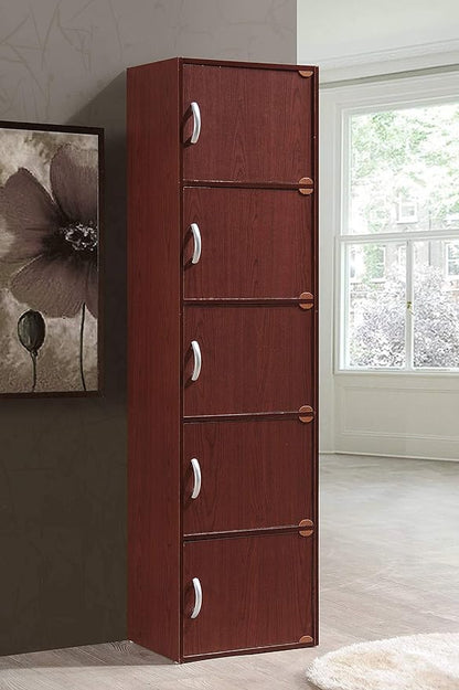 HODEDAH 5 Door Bookcase Cabinet, Mahogany