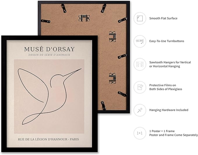 Poster Master Vintage Poster - Retro One Line Hummingbird Drawing Print - Bird Line Art - Minimal Gift for Him, Her, Animal Lover - Abstract Decor for Home, Office, 11x14 Black Framed
