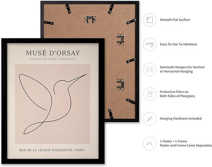 Poster Master Vintage Poster - Retro One Line Hummingbird Drawing Print - Bird Line Art - Minimal Gift for Him, Her, Animal Lover - Abstract Decor for Home, Office, 11x14 Black Framed