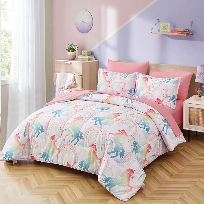 Twin Comforter Set for Girls, 6 Pieces Bed in a Bag, Colorful Unicorn Bedding Comforter Sheet Set, Ultra Soft and Fluffly, Pink & Rainbow Color, Colorful Bed in a Bag for Girls