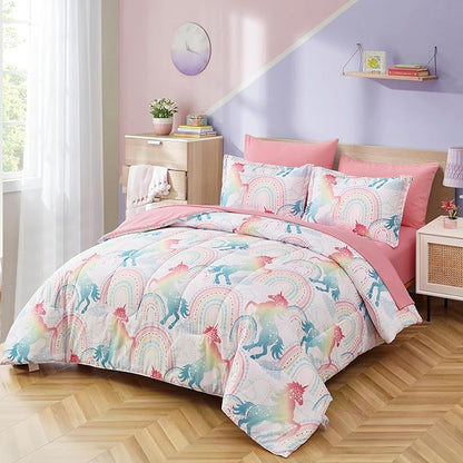 Twin Comforter Set for Girls, 6 Pieces Bed in a Bag, Colorful Unicorn Bedding Comforter Sheet Set, Ultra Soft and Fluffly, Pink & Rainbow Color, Colorful Bed in a Bag for Girls