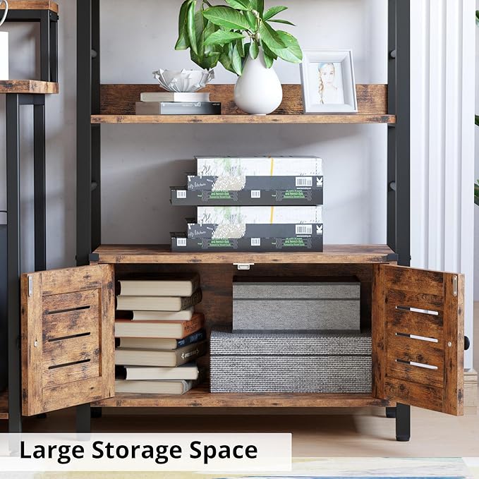 IRONCK Bookshelf with Louvered Doors, 4-tier Ladder Shelf with Cabinet Industrial Accent Furniture for Bedroom Living Room Home Office, Rustic Brown