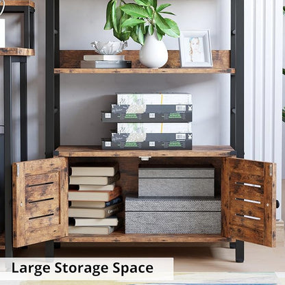 IRONCK Bookshelf with Louvered Doors, 4-tier Ladder Shelf with Cabinet Industrial Accent Furniture for Bedroom Living Room Home Office, Rustic Brown