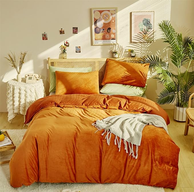 Burnt Orange Color Velvet Comforter Set King Solid Rust Color Flannel Velvet Bedding Comforter Set All Caramel Colour 3 PCs Shaggy Soft Warm and Durable Flannel Blanket King