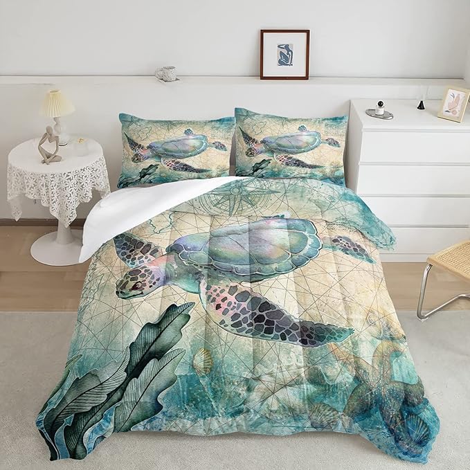 CVHOUSE Sea Turtle Comforter Set,Ocean Sea Turtle Bedding Set for Kids Teens,Ocean Sea Turtle Comforter Sea Turtle Duvet Set Room Decor Quilt Set Full Size