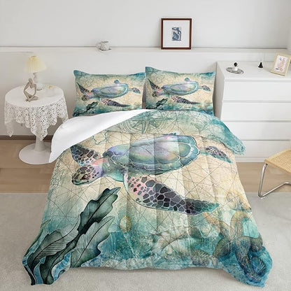 CVHOUSE Sea Turtle Comforter Set,Ocean Sea Turtle Bedding Set for Kids Teens,Ocean Sea Turtle Comforter Sea Turtle Duvet Set Room Decor Quilt Set Full Size