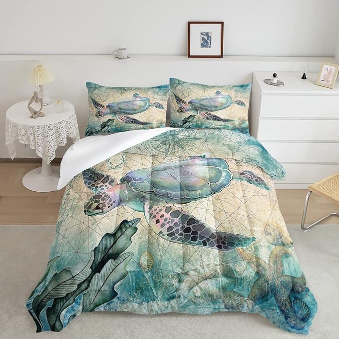 CVHOUSE Sea Turtle Comforter Set,Ocean Sea Turtle Bedding Set for Kids Teens,Ocean Sea Turtle Comforter Sea Turtle Duvet Set Room Decor Quilt Set Queen Size
