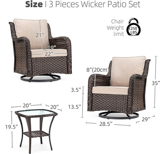 IDEALHOUSE 3 Pieces Outdoor Wicker Swivel Rocker Patio Set, 360-Degree Swivel Rocking Chair Elegant Wicker Patio Bistro Set with Tempered Glass Top Side Table (Apricot)