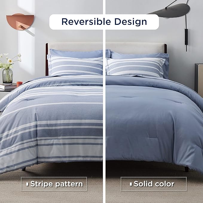 Bedsure King Comforter Set 7 Pieces, White Blue Striped King Bedding Set All Season Bed Set, Bed in a Bag King with Comforter, Sheets, Pillowcases & Shams