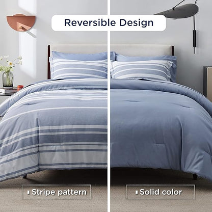 Bedsure King Comforter Set 7 Pieces, White Blue Striped King Bedding Set All Season Bed Set, Bed in a Bag King with Comforter, Sheets, Pillowcases & Shams
