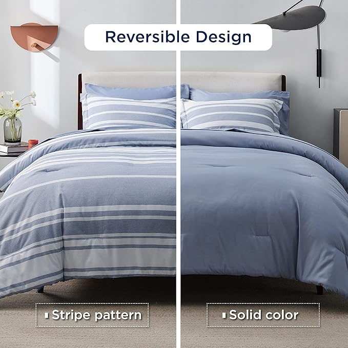 Bedsure California King Comforter Set 7 Pieces, Blue White Striped Bedding Comforter Sets All Season Bed Set, Bed in a Bag with Comforter, Sheets, Pillowcases & Shams