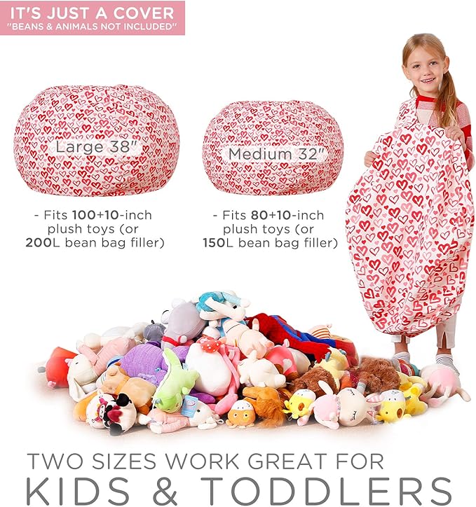 Aubliss Stuffed Animal Bean Bag Storage Chair, Beanbag Covers Only for Organizing Plush Toys, Turns into Bean Bag Seat for Kids When Filled, Large 38"-Canvas Pattern Heart